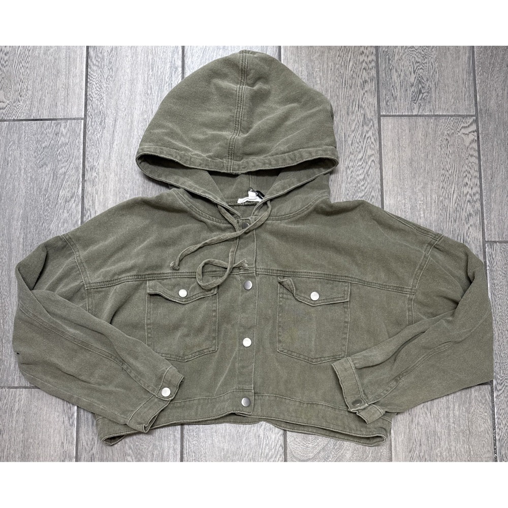 Newberry Kustom Cropped Olive Hoodie Jacket Womens‎ L Shacket Utility NWOT